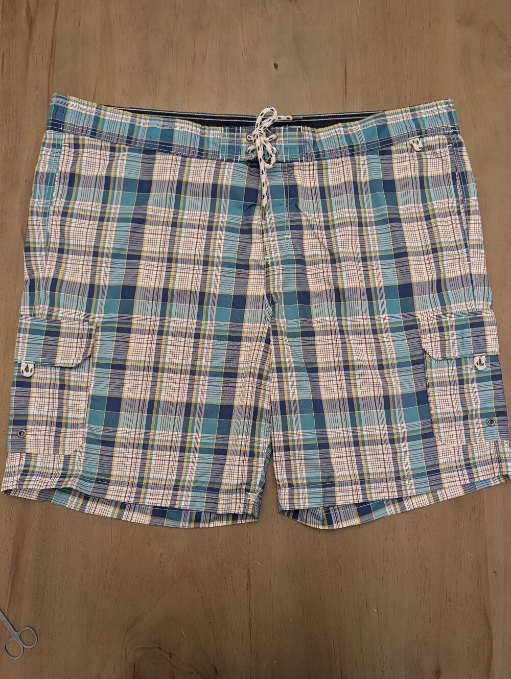 Lands End Men's Swim Trunks Board Shorts Blue & White Plaid Size XL 40-42